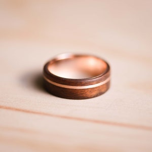 Solid Rose Gold Inlay and Liner in Santos Rosewood Bentwood Ring Wooden Ring Rose Gold Ring image 3