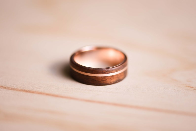 Solid Rose Gold Inlay and Liner in Santos Rosewood Bentwood Ring Wooden Ring Rose Gold Ring image 3