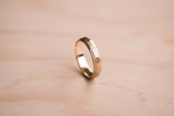 Handcrafted 9 Carat Yellow Gold Faceted Wedding Band, Mens Ring, Mens Wedding Ring