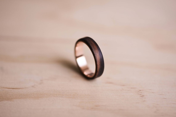 Handcrafted Macassar Ebony Bentwood Ring with 9K Rose Gold Liner, Mens Ring, Mens Wedding Ring