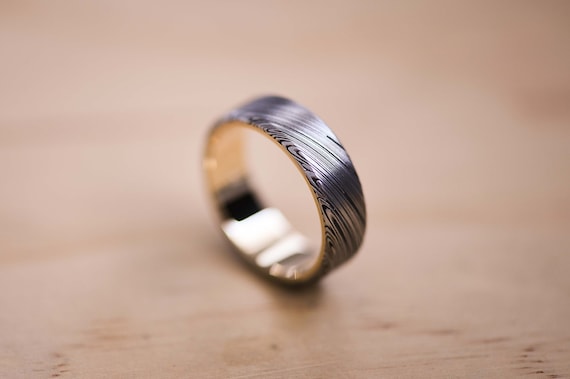 Handcrafted Damasteel Damascus Ring: 9K Gold Liner Wedding Band, Mens Ring, Mens Wedding Ring