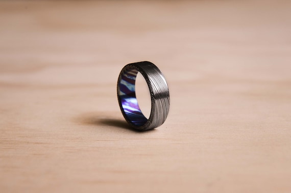 Handmade Brushed Damasteel Ring: Heimskringla with Timascus Liner, Mens Ring, Mens Wedding Ring