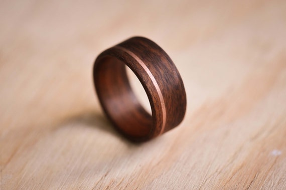 Handcrafted Santos Rosewood Ring with Copper Inlay: Bentwood Style, Mens Ring, Mens Wedding Ring