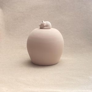 Op de afbeelding: Een lichtroze keramieken pot met een glad, rond lichaam en een deksel met een kleine, gebeeldhouwde figuur van een slapende kat bovenop. Het vat heeft een matte afwerking en een eenvoudige, uniforme kleur over het gehele buitenoppervlak.