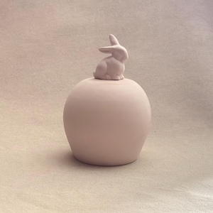May include: A pale pink ceramic jar with a smooth, matte finish. The lid features a sculpted, three-dimensional rabbit figure sitting upright. The jar has a rounded, bulbous body shape and a solid, uniform light pink color throughout the piece.