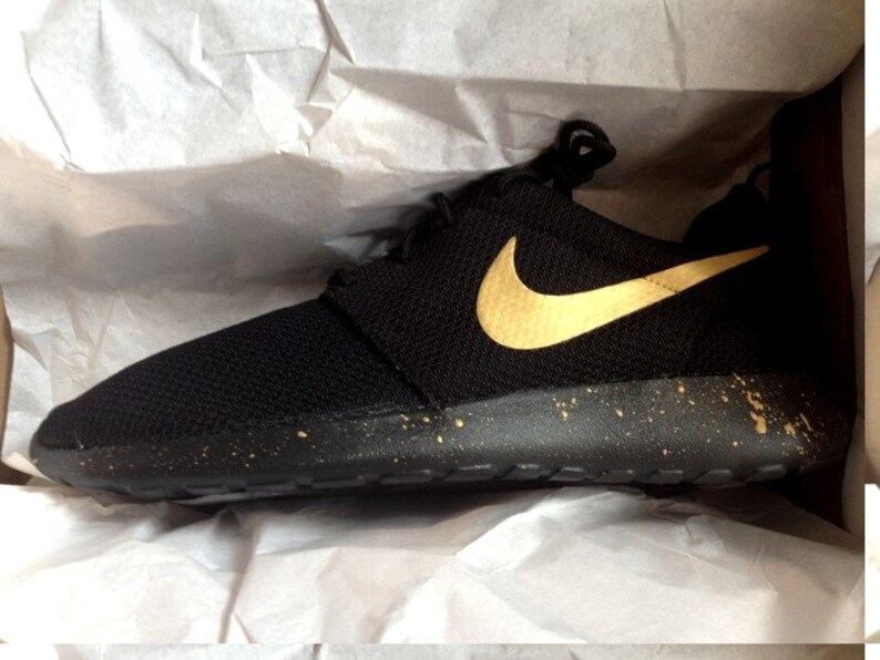 Nike Roshe Run Black with Custom Gold Swoosh and Splatter Sole Etsy