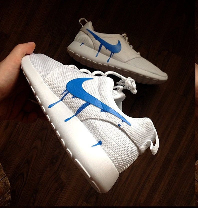 Nike Roshe Run One White with Custom Blue Candy Drip Swoosh | Etsy