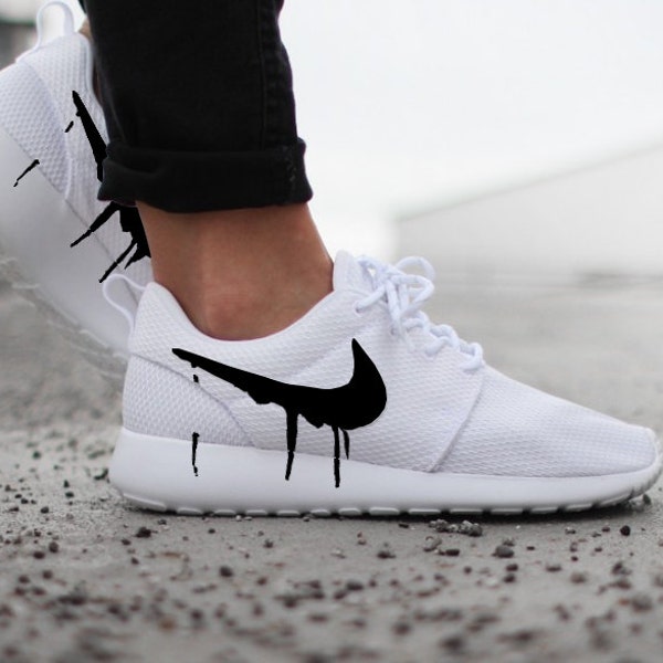 Nike Roshe White with Custom Black Candy Drip Swoosh Paint