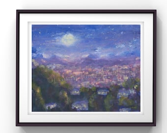 Night Abstract Painting, Night Sky Print, Los Angeles, Magical Nightscape, Starry Night Village, Mountain Village Painting