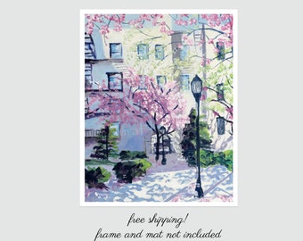 Cherry Blossom Painting, Astoria, NY, Cityscape, Fine Art Print, 8x10 inches