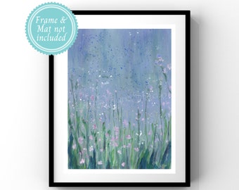 Abstract Floral Painting, Flowers Wall Art, Modern Farmhouse, Botanical Art Print Blue, Large, Meadow, Pink Wildflowers, Green Grass