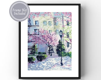 NYC Painting, Astoria Queens, NY, Cherry Blossom Painting, Cityscape, Large Fine Art Print