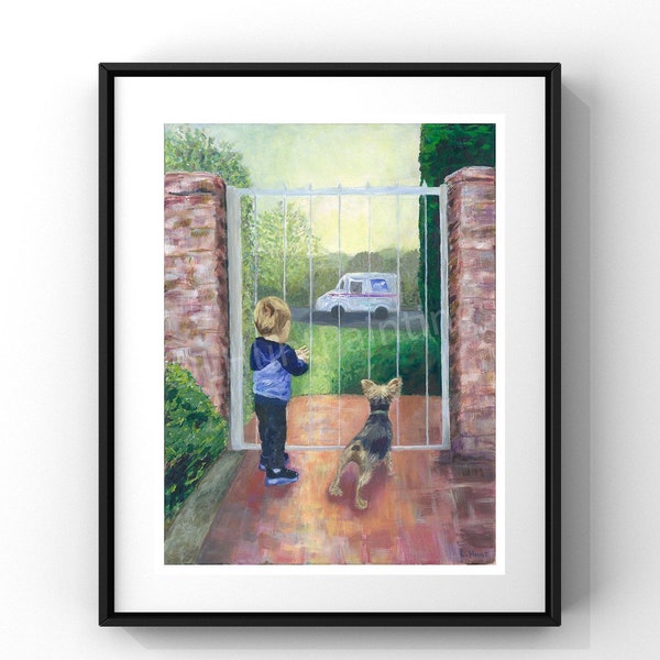 Mail Truck, Dog and Child fine art print, Gift for Letter Carrier, USPS Essential Worker Print, Boy and Yorkie Wall Art