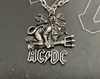 Vintage AC/DC Pendant. 1992 Devil Angus Young. Made in England. Pewter ACDC Necklace on Steel Chain.