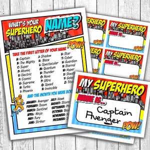 Superhero Party Sign, What&#39;s Your Superhero Name Sign and Name Tags, Superhero Birthday, Superhero Name Game, Party, Printable DIGITAL