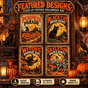 Peut inclure: Un ensemble de quatre affiches d'art vintage pour Halloween intitul&eacute;es Pumpkin Parade, Black Cat Moon Night, Witch's Midnight Ride et Skeleton Dance Party. Les illustrations orange et noir repr&eacute;sentent des citrouilles, chats, sorci&egrave;res et squelettes.