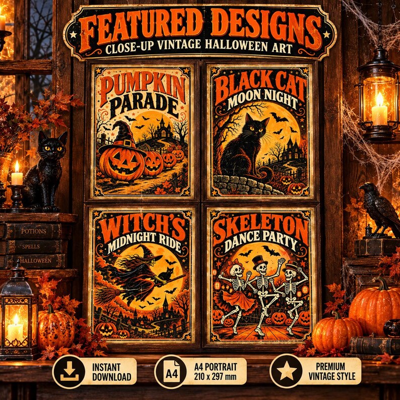 Peut inclure: Un ensemble de quatre affiches d'art vintage pour Halloween intitul&eacute;es Pumpkin Parade, Black Cat Moon Night, Witch's Midnight Ride et Skeleton Dance Party. Les illustrations orange et noir repr&eacute;sentent des citrouilles, chats, sorci&egrave;res et squelettes.