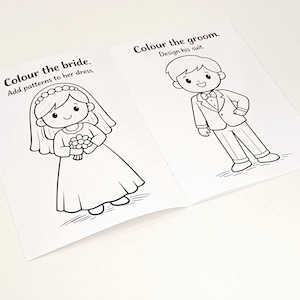 May include: A coloring book page featuring a bride and groom. The left side shows a bride with a veil holding flowers with the text 'Colour the bride. Add patterns to her dress.' The right side shows a groom in a suit with the text 'Colour the groom. Design his suit.'