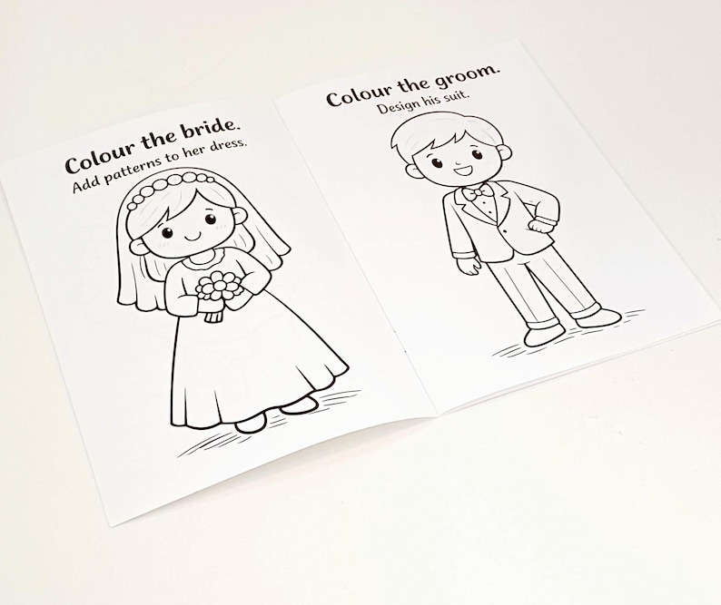 May include: A coloring book page featuring a bride and groom. The left side shows a bride with a veil holding flowers with the text 'Colour the bride. Add patterns to her dress.' The right side shows a groom in a suit with the text 'Colour the groom. Design his suit.'