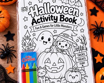 May include: A white Halloween Activity Book with black line art featuring a ghost, a witch, pumpkins, a cat, and a bat. The cover text reads Halloween Activity Book, Fun & Games for Little Monsters, and Tricks, Treats, Fun!. Includes a pack of 4 wax crayons.