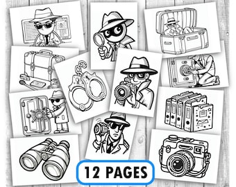 Peut inclure: Un ensemble de 12 pages à colorier en noir et blanc sur le thème du détective. Les pages comprennent des images d'un détective avec une loupe, des menottes, un coffre-fort, une valise, des jumelles, un appareil photo et un classeur. Le texte "12 PAGES" est imprimé sur une bannière bleue en bas de l'image.