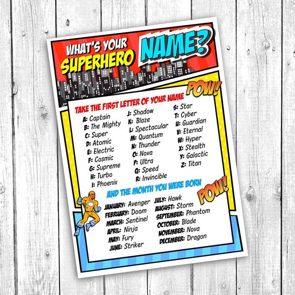 Superhero Party Sign, What's Your Superhero Name Sign, Superhero Birthday, Superhero Name Game, Superhero Party, Printable DIGITAL