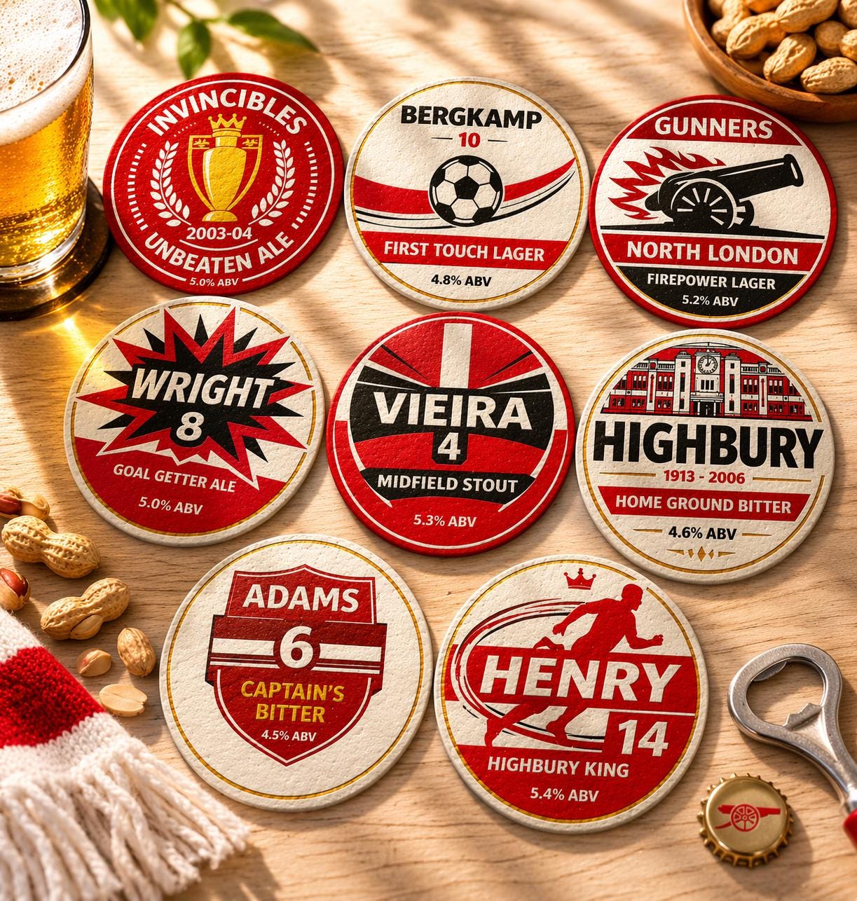 Arsenal Football Legends Beer Mats – Set of 8 Round Double Sided Pub ...