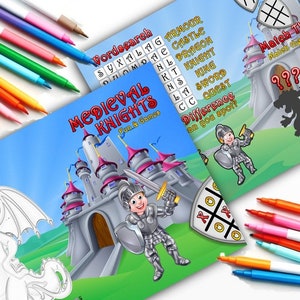 Lot de 18 feuilles d&#39;activités Chevaliers et dragons, jeux et divertissements - L&#39;aventure vous attend