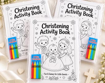May include: Three white activity books titled Christening Activity Book with black line art of children and a baby. Each book is packaged in clear plastic with a small box of four wax crayons in red, yellow, blue, and green colors.