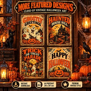 Peut inclure: Un ensemble de quatre affiches d'art vintage pour Halloween avec des illustrations orange et noires de fant&ocirc;mes, une maison hant&eacute;e, des enfants costum&eacute;s et des citrouilles. Le texte indique MORE FEATURED DESIGNS, GHOSTLY GREETINGS, HAUNTED HOUSE HILL, TRICK OR TREAT PARADE et HAPPY HALLOWEEN.