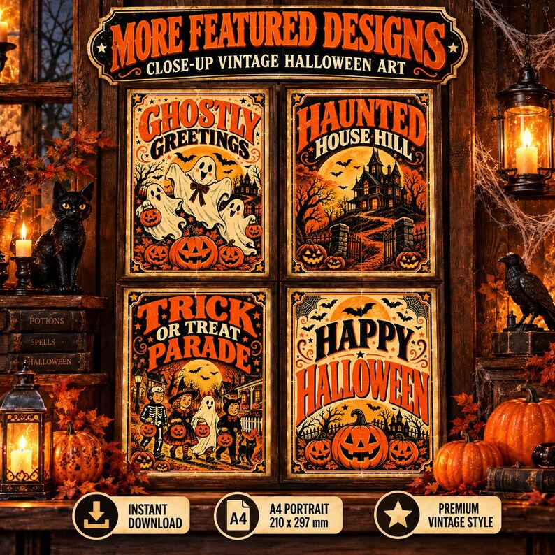 Peut inclure: Un ensemble de quatre affiches d'art vintage pour Halloween avec des illustrations orange et noires de fant&ocirc;mes, une maison hant&eacute;e, des enfants costum&eacute;s et des citrouilles. Le texte indique MORE FEATURED DESIGNS, GHOSTLY GREETINGS, HAUNTED HOUSE HILL, TRICK OR TREAT PARADE et HAPPY HALLOWEEN.