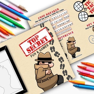 May include: A book titled "Top Secret Fun & Games" featuring a cartoon spy on the cover. The book includes games such as code breaker, tic-tac-toe, and spot the difference.