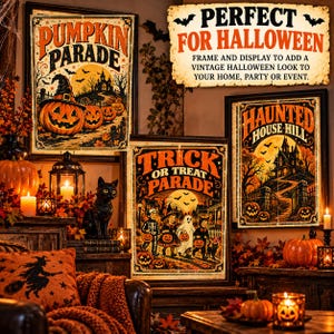 Peut inclure: Trois affiches rectangulaires sur le th&egrave;me d'Halloween avec des illustrations de style vintage. L'une montre une parade de citrouilles, une autre une parade de friandises avec des enfants costum&eacute;s, et la troisi&egrave;me une maison hant&eacute;e sur une colline.