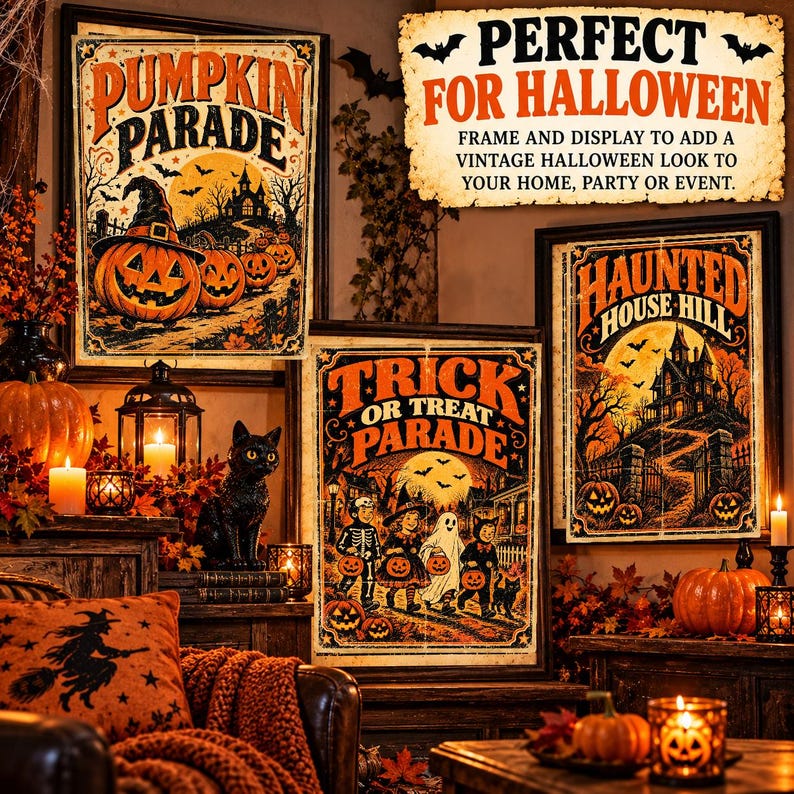 Peut inclure: Trois affiches rectangulaires sur le th&egrave;me d'Halloween avec des illustrations de style vintage. L'une montre une parade de citrouilles, une autre une parade de friandises avec des enfants costum&eacute;s, et la troisi&egrave;me une maison hant&eacute;e sur une colline.