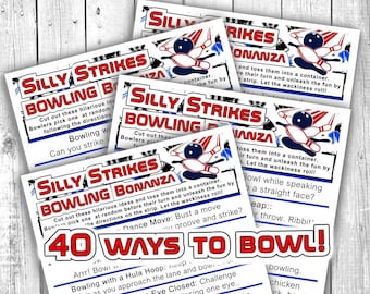 Peut inclure: Un ensemble de quatre cartes imprimables sur le thème du bowling. Les cartes sont blanches avec des accents rouges et bleus. Les cartes portent le texte "Silly Strikes Bowling Bonanza" et "40 Ways to Bowl!" avec des illustrations de quilles et d'un ballon de bowling.