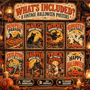 Peut inclure: Un ensemble de huit affiches d'Halloween au style vintage illustrant des citrouilles, un chat noir, une sorci&egrave;re, des fant&ocirc;mes, des squelettes, une maison hant&eacute;e et des enfants. Le texte indique WHAT'S INCLUDED? 8 VINTAGE HALLOWEEN POSTERS.