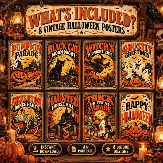 Vintage Halloween Poster Set, 8 A4 Printable Retro Wall Art, Digital Download