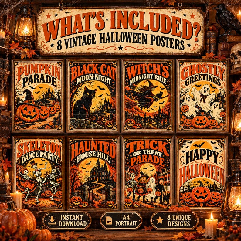 Peut inclure: Un ensemble de huit affiches d'Halloween au style vintage illustrant des citrouilles, un chat noir, une sorci&egrave;re, des fant&ocirc;mes, des squelettes, une maison hant&eacute;e et des enfants. Le texte indique WHAT'S INCLUDED? 8 VINTAGE HALLOWEEN POSTERS.