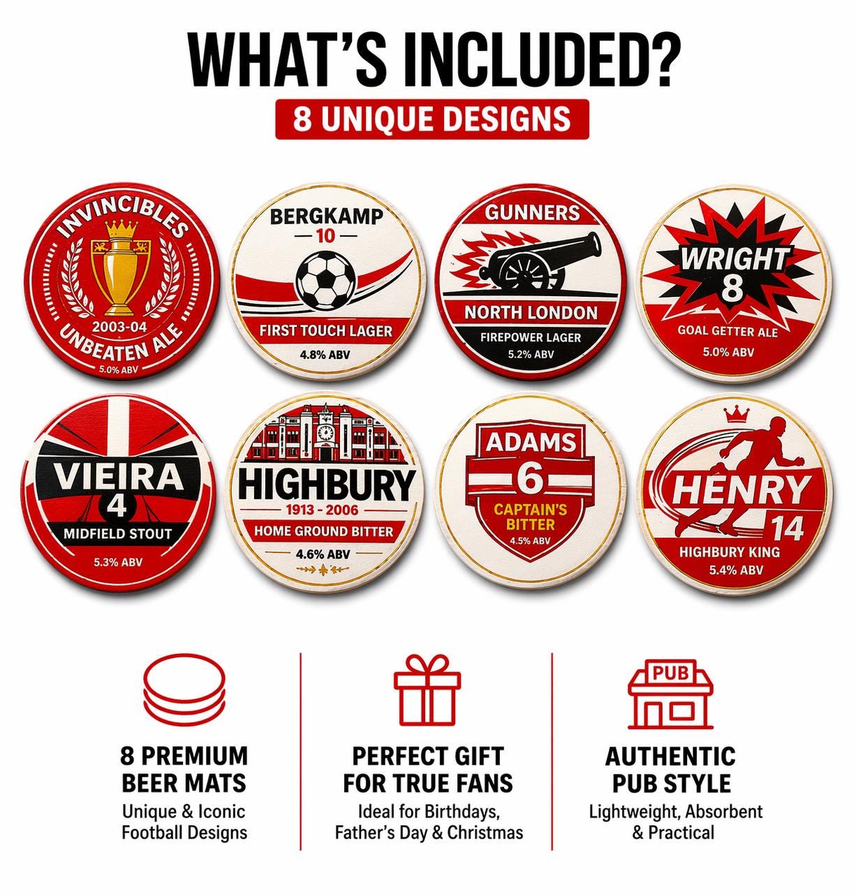 Arsenal Football Legends Beer Mats – Set of 8 Round Double Sided Pub ...