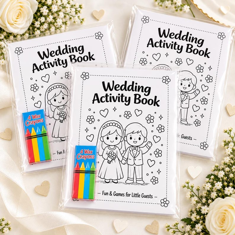 May include: Three wedding activity books in clear plastic packaging, each accompanied by a small box of four wax crayons. The covers feature black and white line art of a bride and groom, floral motifs, hearts, and the text Wedding Activity Book.