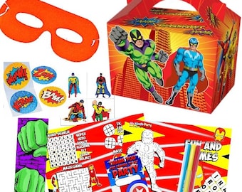 May include: A superhero party favor box set with a red and yellow color scheme. The box features a superhero design with the words "Fun and Games". The set includes a red eye mask, stickers, a word search, a maze game, and coloring pages.