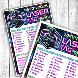 May include: A printable game card with a neon green and purple design. The card features a cartoon image of a person wearing a helmet and holding a laser gun. The text on the card reads "What's Your Laser Tag Name?" and includes a list of names to choose from based on the first letter of your birth month.