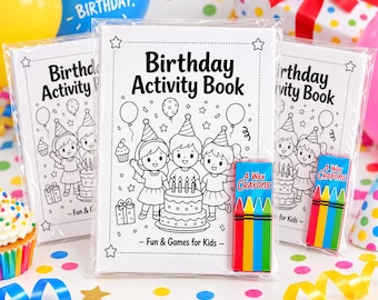 May include: A white rectangular birthday activity book with a black line drawing of three children wearing party hats around a cake. The cover features the text Birthday Activity Book and Fun & Games for Kids. A small box of four wax crayons is attached.