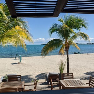 May include: A view from a patio overlooking a white sandy beach with turquoise water. Two palm trees are in the foreground, and there are wooden tables and chairs on the patio.