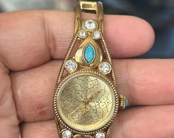 Vintage Odyssey Gold Tone Turquoise and CZ Bangle Watch