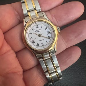 Reloj de pulsera giratorio de acero inoxidable y oro.
