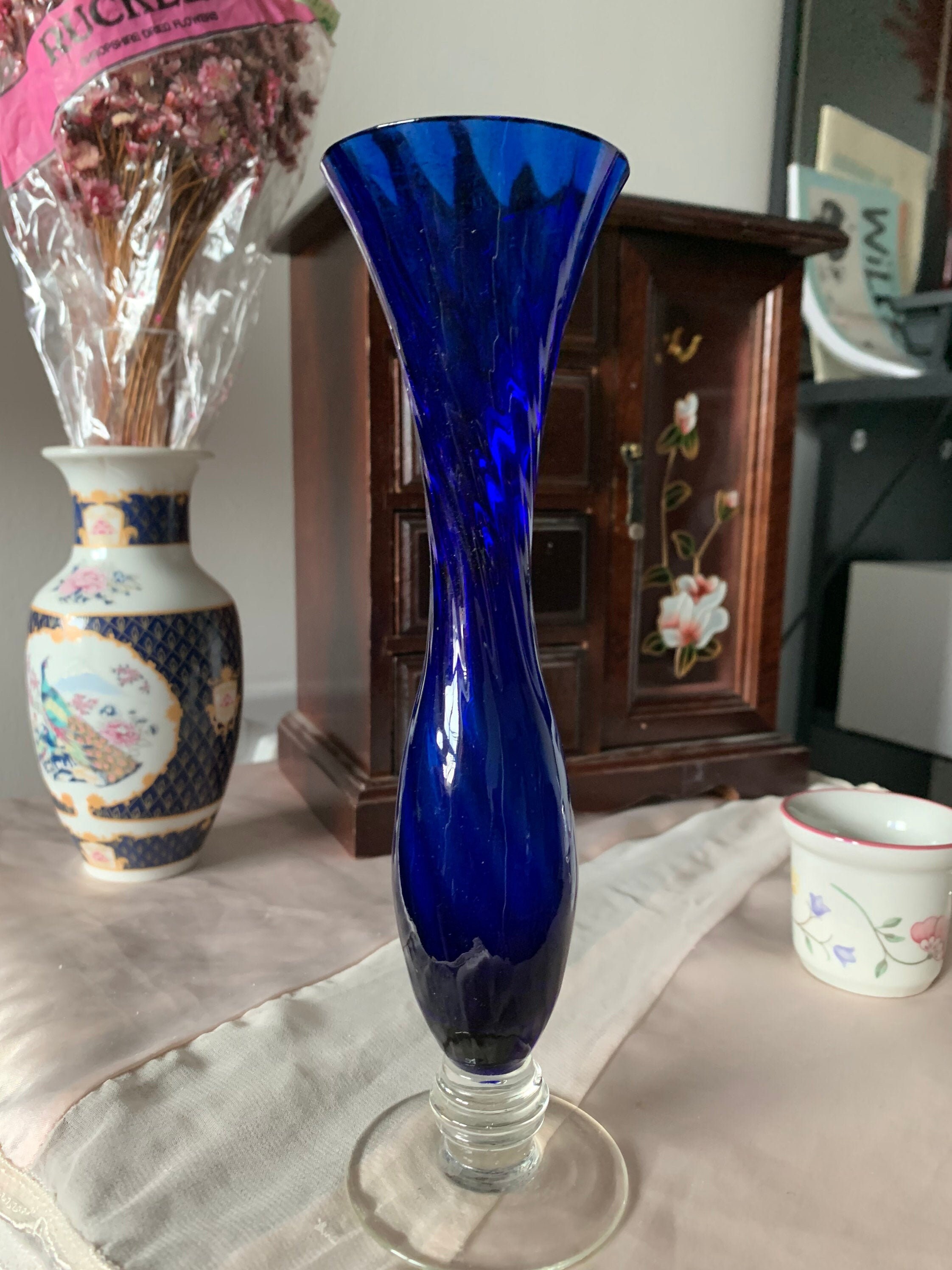 Vintage glass hand blown blue tulip vase decorative piece Etsy