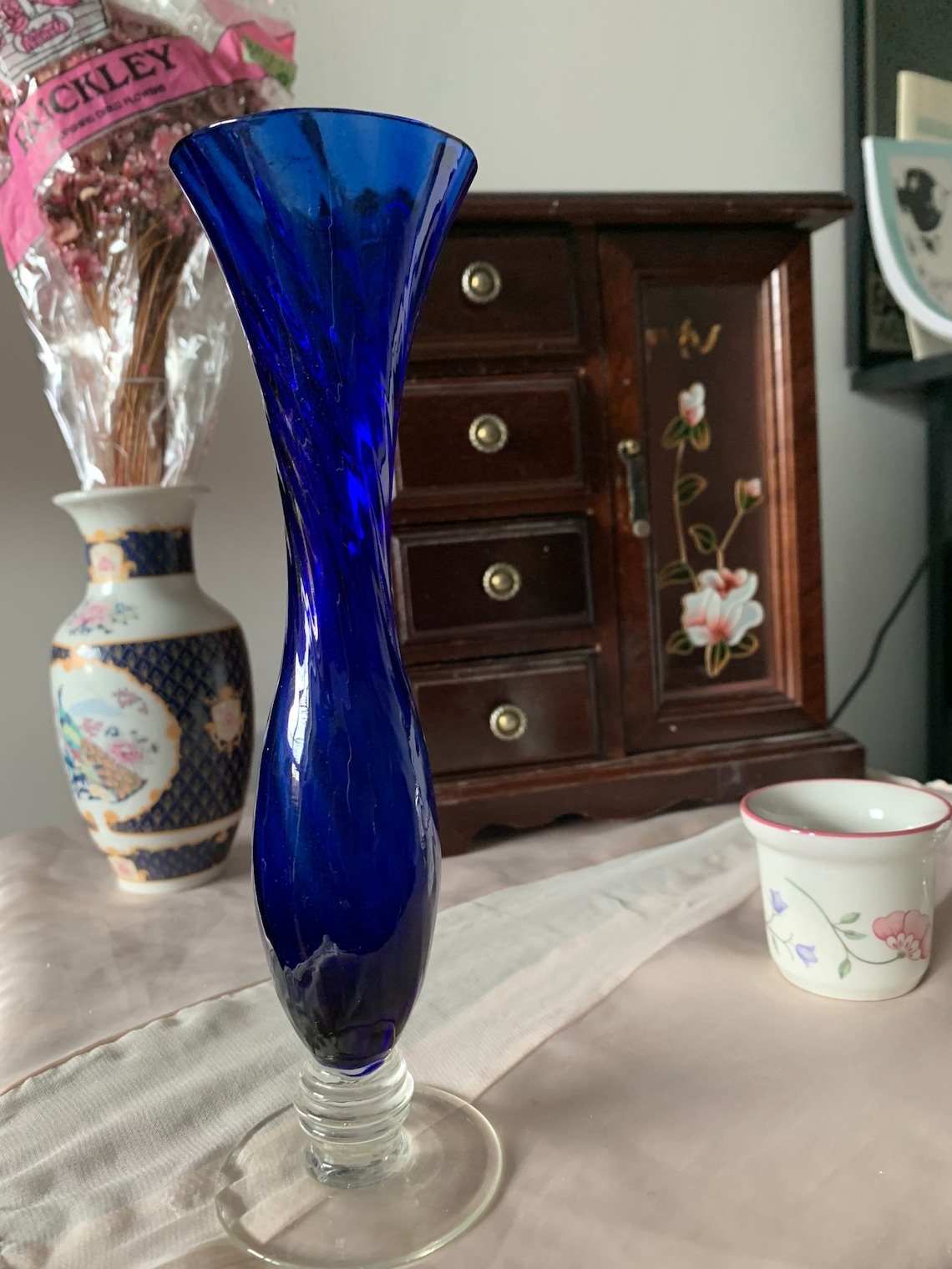 Vintage glass hand blown blue tulip vase decorative piece Etsy