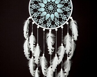 Large Light Blue White Dream Catcher Wedding Decor Nursery Decor Something Blue Crochet Doily Dreamcatcher boho wall hanging wall decor