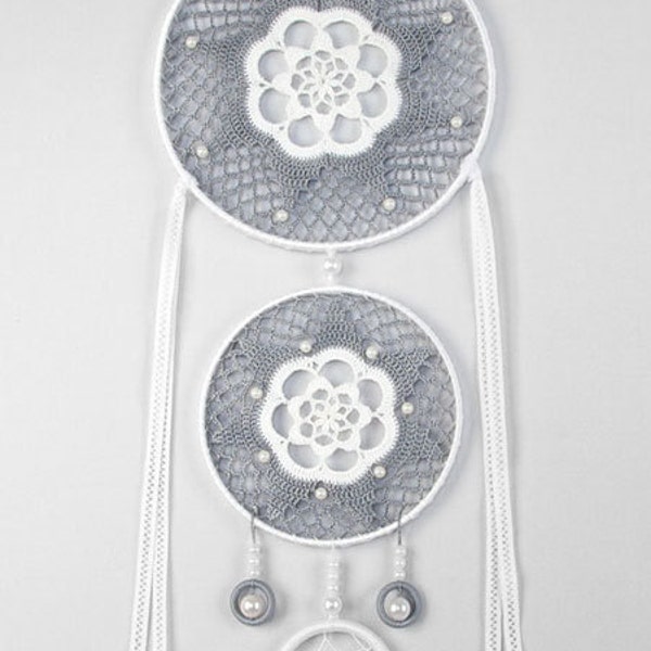 Large Gray White  Dream Catcher, Crochet Doily Dreamcatcher, boho dreamcatchers, wall hanging, wall decor, wedding decor, handmade